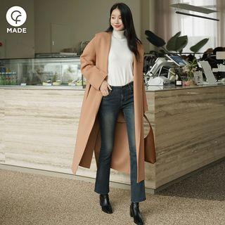 Handmade Shawl-collar Long Wrap Coat Beige - One Size
