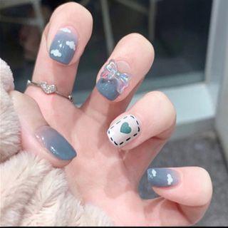 Bow Heart Cloud Faux Nail Tips X39 - White & Airy Blue - One Size