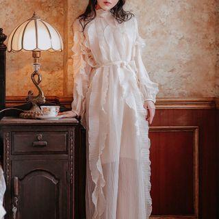 Long-sleeve Ruffled Sheer A-line Maxi Dress
