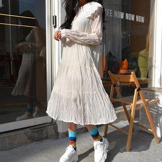 Lace-collar Crinkled Tiered Dress