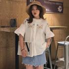 Elbow-sleeve Embroidered Striped Shirt