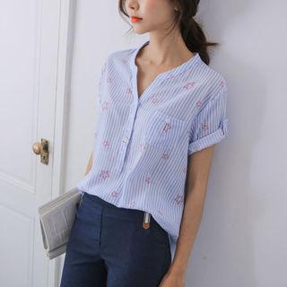 Mandarin-collar Star Pattern Stipe Shirt