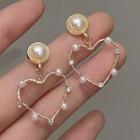 Faux Pearl Heart Drop Earring C-836 - 1 Pair - Gold & White - One Size