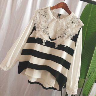 V-neck Striped Knit Vest Stripe - Black & White - One Size