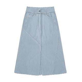 Fray Edge A-line Midi Denim Skirt