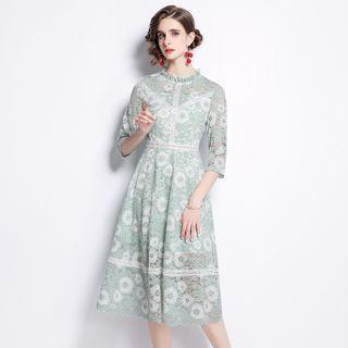 Elbow-sleeve Floral Lace Midi Dress