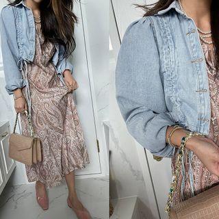 Drawstring Cropped Denim Jacket Light Blue - One Size