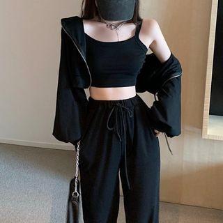 Plain Cropped Zip-up Hoodie / Camisole Top / High-waist Wide-leg Pants