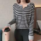 Long-sleeve Button Striped Knit Top Stripe - One Size