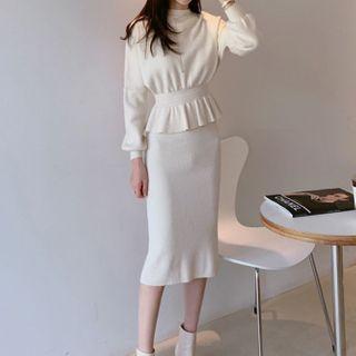 Set: Ruffle Hem Sweater + Slit Midi Pencil Skirt Almond - One Size