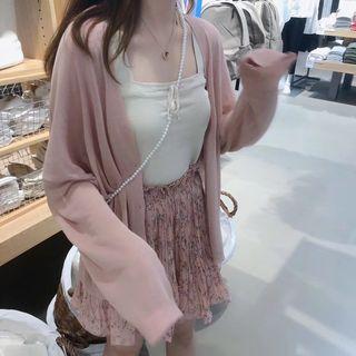 Knit Cardigan + Tank Top + Chiffon Pleated Mini Skirt
