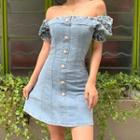 Puff-sleeve Floral Panel Denim Dress