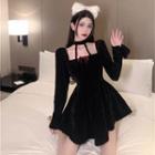 Long-sleeve Halter-neck Velvet Mini A-line Dress