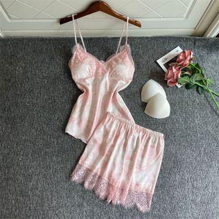 Loungewear Set : Lace Trim Print Camisole Top + Shorts