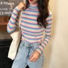 Turtle-neck Rainbow Striped Long-sleeve Knitted Top Rainbow - One Size