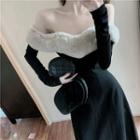 Off-shoulder Long-sleeve Midi A-line Dress Black - One Size