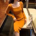 Long-sleeve Square Neck Plain Slim Fit Knit Dress