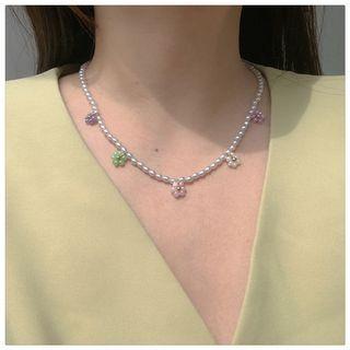 Faux Pearl Floral Necklace White - One Size