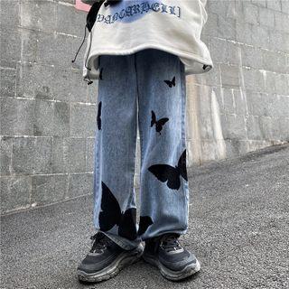 Butterfly-print Straight-cut Jeans