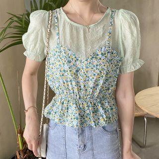 Mock Two-piece Short-sleeve Floral Print Blouse
