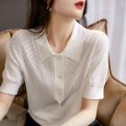 Short-sleeve Collar Pointelle Knit Top White - One Size