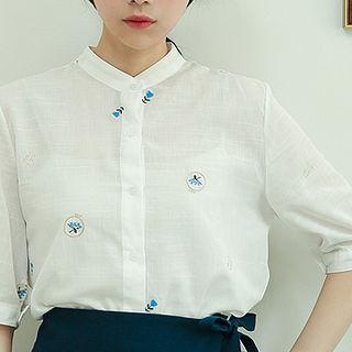 Mandarin-collar Flower-embroidered Blouse
