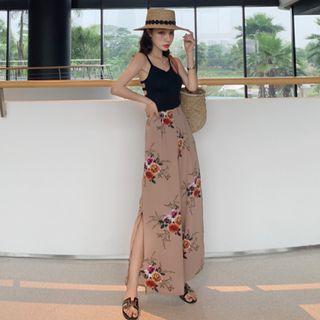 Flower Print Side-slit Wide-leg Pants Khaki - One Size