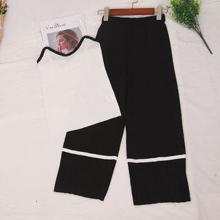 Set: Spaghetti Strap Knit Top + Pleated Hem Wide-leg Pants