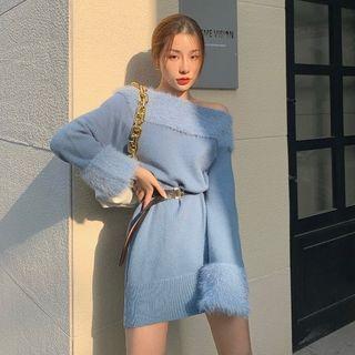Off-shoulder Fluffy Panel Mini Sheath Sweater Dress