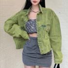 Frayed Washed Denim Jacket Green - One Size