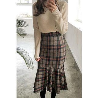 Ruffle-hem Plaid Midi Skirt