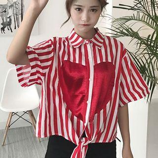Heart Applique Striped Elbow-sleeve Shirt