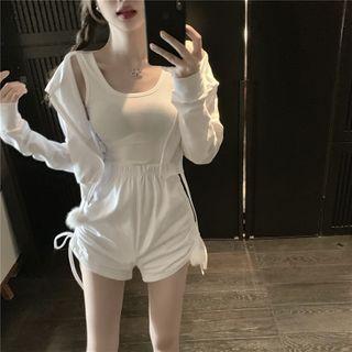 Set: Plain Tank Top + Shorts + Zip-up Hooded Jacket
