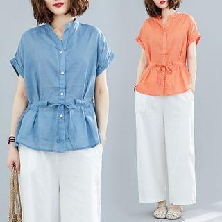 Set: Plain Short-sleeve Tie-waist Blouse + Wide-leg Pants