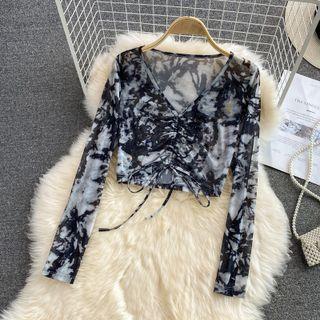 Long Sleeve Tie-dye Drawstring Crop Top Black - One Size
