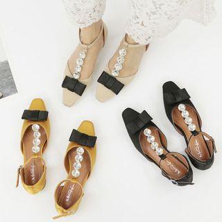 Pointy Toe Bow Rhinestone T-strap Flats