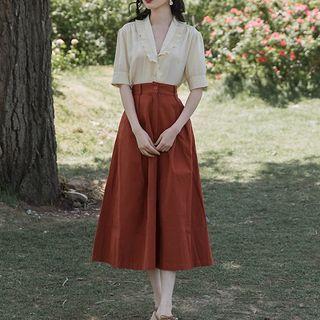 Plain Ruffle Blouse With Plain A-line Dress