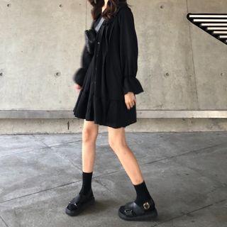 Layered Collar Long-sleeve Dress Black - One Size