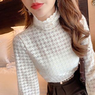 Mock-turtleneck Patterned Lace Blouse
