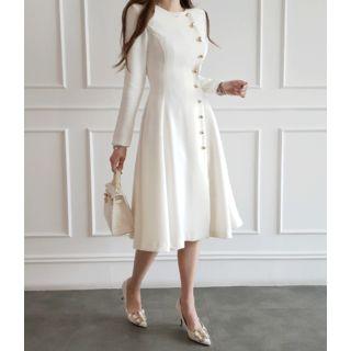 Round-neck Button-detail A-line Dress