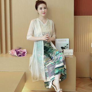 Set: Printed V-neck Sleeveless Top + Wide Leg Pants + Elbow-sleeve Long Jacket