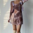 Set: Tie-dye Tie-front Cardigan + Strapless Mini Sheath Dress