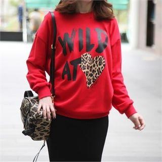 Leopard Trim Letter Print Pullover
