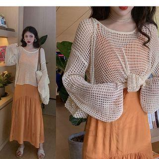 Plain Spaghetti Strap Midi Dress / Long-sleeve Perforated Knit Top