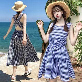 Plaid Cross Strap Back Sleeveless Dress