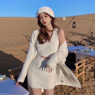 Fluffy Cardigan / Knit Tank Top / Knit Mini Skirt