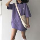 Flower Embroidered Elbow-sleeve Polo Shirt