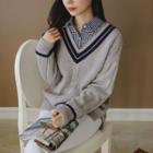 Contrast V-neck Cable-knit Sweater