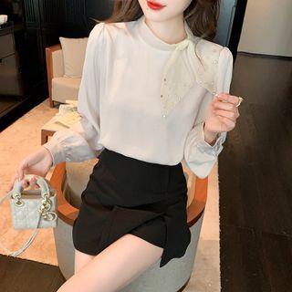 Puff-sleeve Faux Pearl Tie-neck Blouse