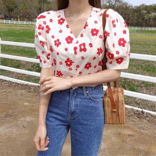 Puff-sleeve Floral Blouse Red - One Size